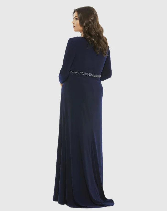Women Mac Duggal Beaded Belt Jersey Faux Wrap Long Sleeve Gown Emerald Plus Size Dresses