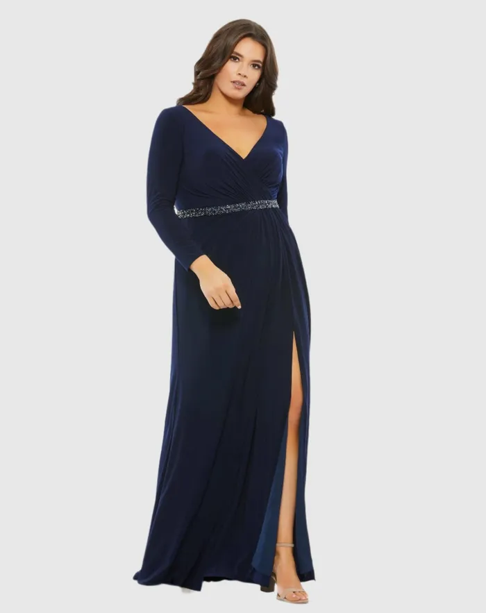 Women Mac Duggal Beaded Belt Jersey Faux Wrap Long Sleeve Gown Emerald Plus Size Dresses