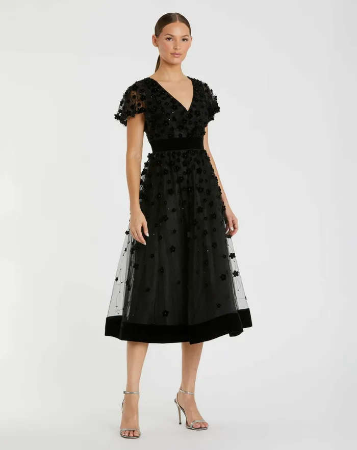Women Mac Duggal Black Embellished Butterfly Sleeve Velvet Hem Midi Dress Black Cocktail Dresses
