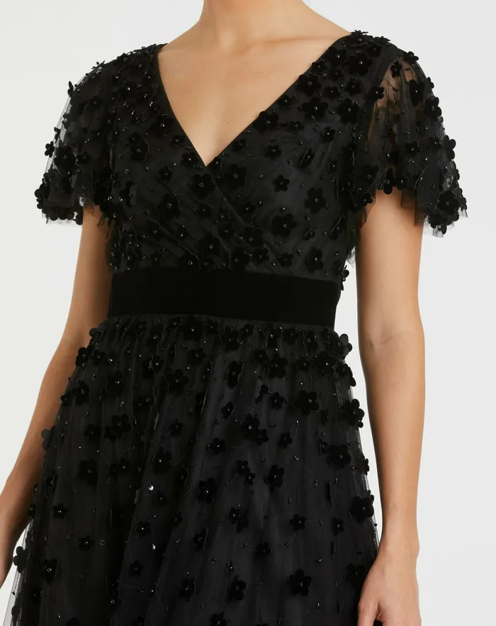 Women Mac Duggal Black Embellished Butterfly Sleeve Velvet Hem Midi Dress Black Cocktail Dresses