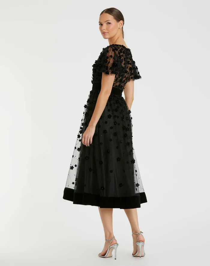 Women Mac Duggal Black Embellished Butterfly Sleeve Velvet Hem Midi Dress Black Cocktail Dresses