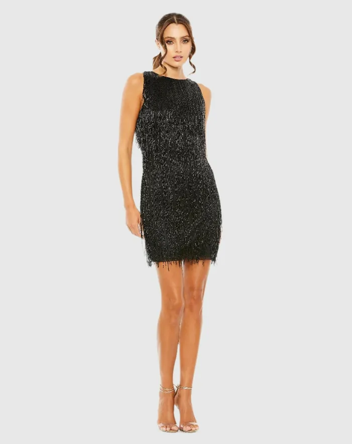 Women Mac Duggal Embellished Beaded Fringe Dress Black Cocktail Dresses