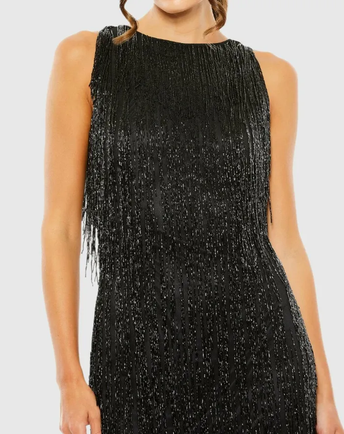 Women Mac Duggal Embellished Beaded Fringe Dress Black Cocktail Dresses