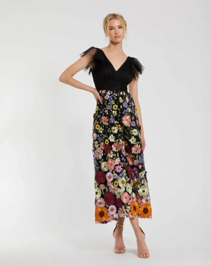 Women Mac Duggal Embroidered Ruched Flutter Sleeve A Line Dress Black Multi Cocktail Dresses