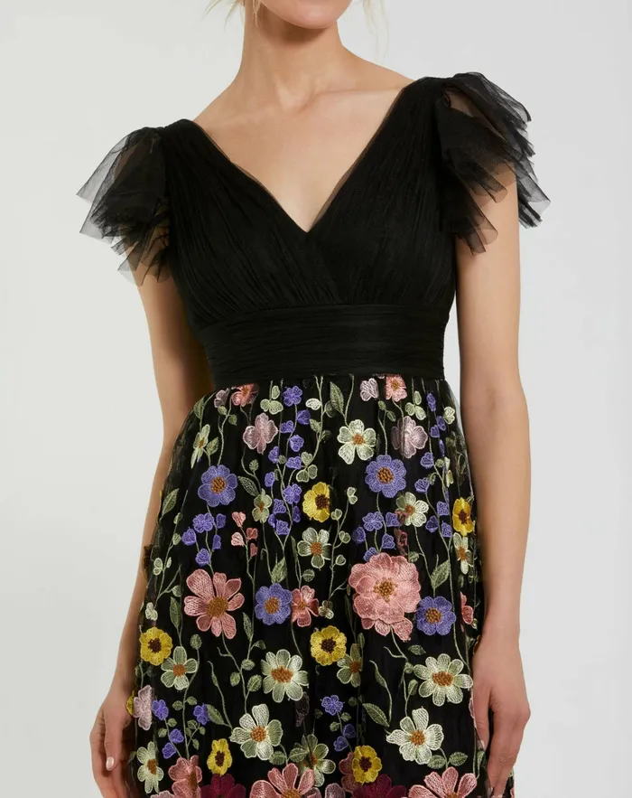 Women Mac Duggal Embroidered Ruched Flutter Sleeve A Line Dress Black Multi Cocktail Dresses