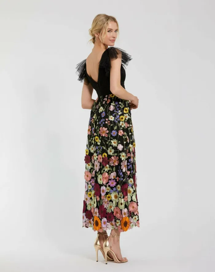 Women Mac Duggal Embroidered Ruched Flutter Sleeve A Line Dress Black Multi Cocktail Dresses