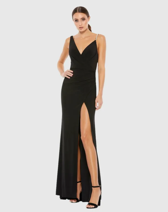 Women Mac Duggal Faux Wrap Rhinestone Strap Gown Black Evening Gowns
