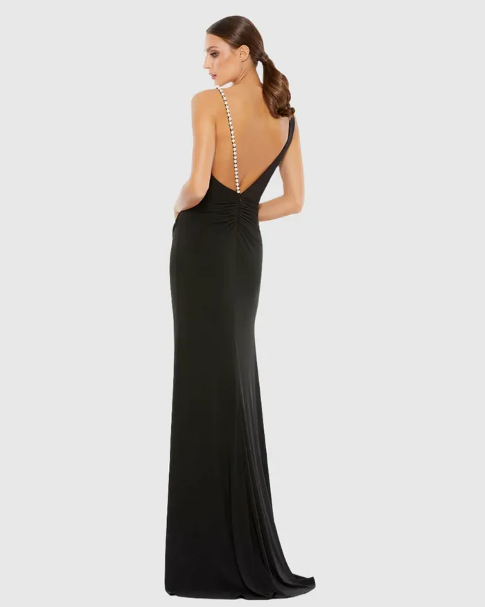Women Mac Duggal Faux Wrap Rhinestone Strap Gown Black Evening Gowns