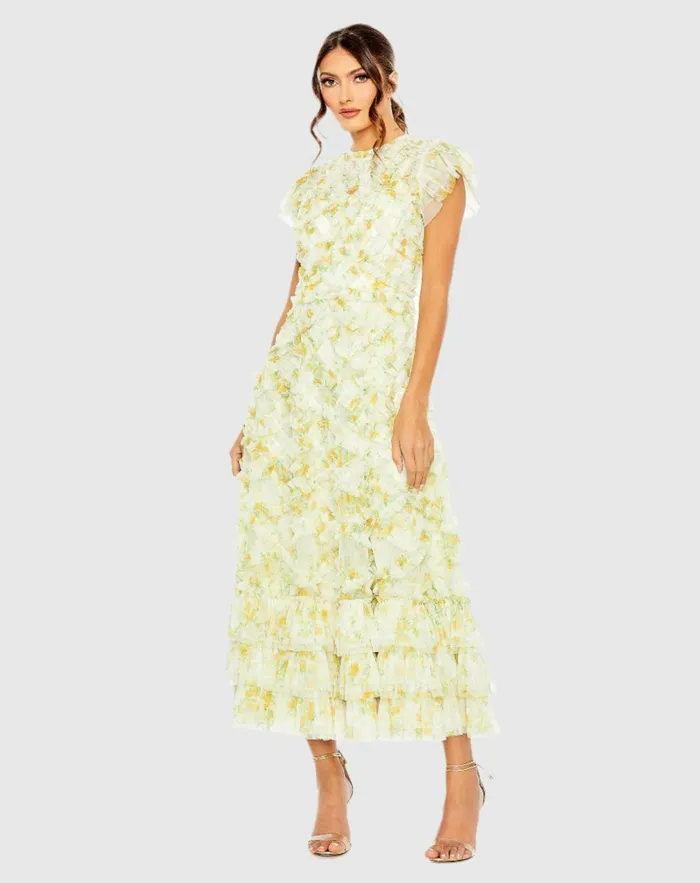 Women Mac Duggal Yellow High Neck Ruffle Cap Sleeve Floral Dress Yellow Multi Daytime Dresses