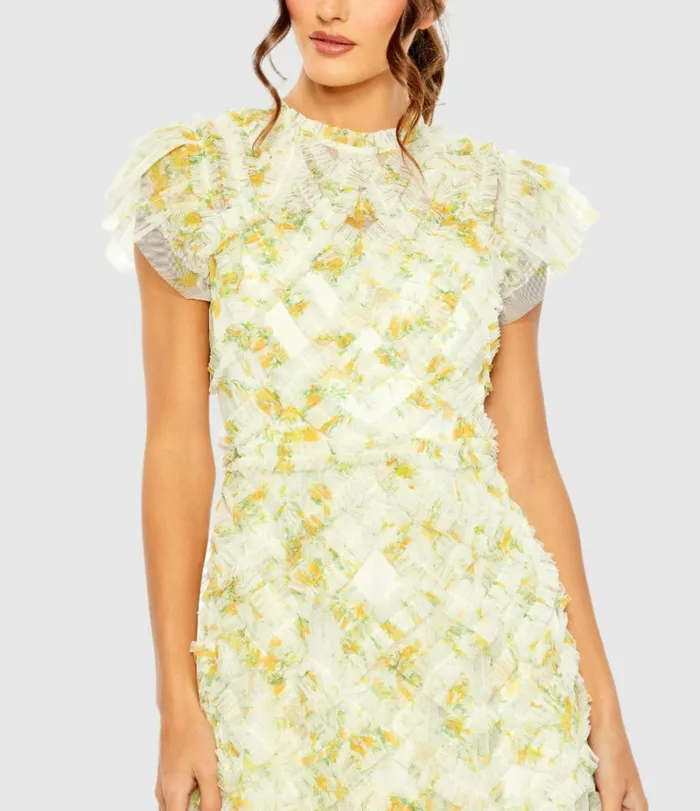 Women Mac Duggal Yellow High Neck Ruffle Cap Sleeve Floral Dress Yellow Multi Daytime Dresses Women Mac Duggal Yellow High Neck Ruffle Cap Sleeve Floral Dress Yellow Multi Daytime Dresses