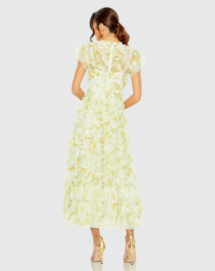 Women Mac Duggal Yellow High Neck Ruffle Cap Sleeve Floral Dress Yellow Multi Daytime Dresses Women Mac Duggal Yellow High Neck Ruffle Cap Sleeve Floral Dress Yellow Multi Daytime Dresses