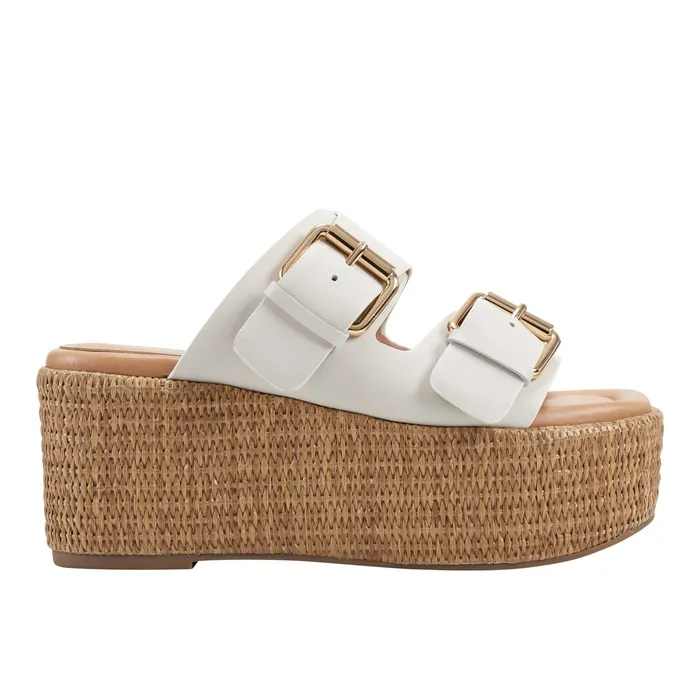 Women Marc Fisher Palery Platform Buckle Slide Sandal Ivory Leather Mules and Slides