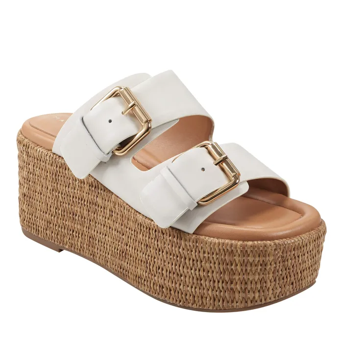 Women Marc Fisher Palery Platform Buckle Slide Sandal Ivory Leather Mules and Slides