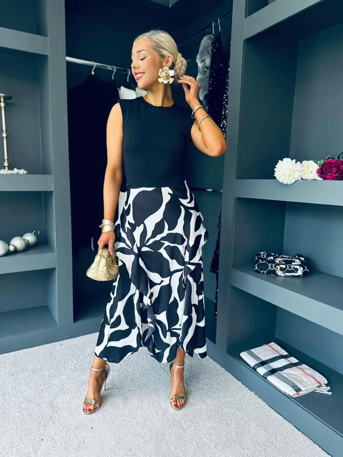 Women Maxi Canella Lane Fiona Leaf Print 2 In 1 Midi Dress Monochrome