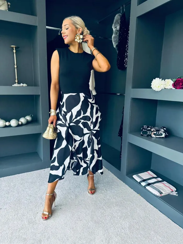 Women Maxi Canella Lane Fiona Leaf Print 2 In 1 Midi Dress Monochrome