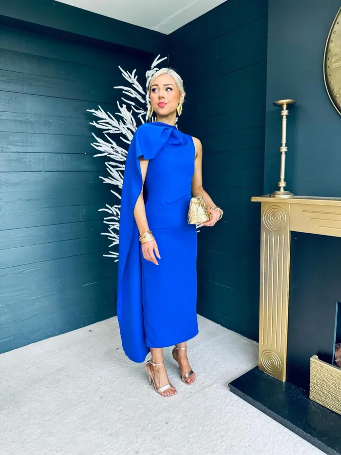 Women Maxi Canella Lane Hudson Cape Detail Occasion Dress Cobalt
