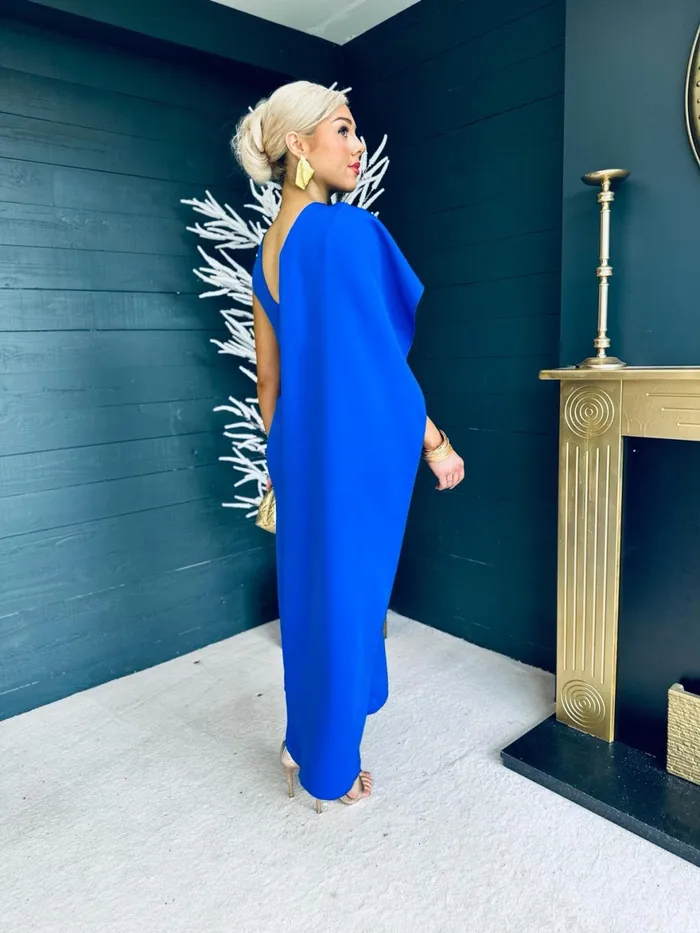 Women Maxi Canella Lane Hudson Cape Detail Occasion Dress Cobalt