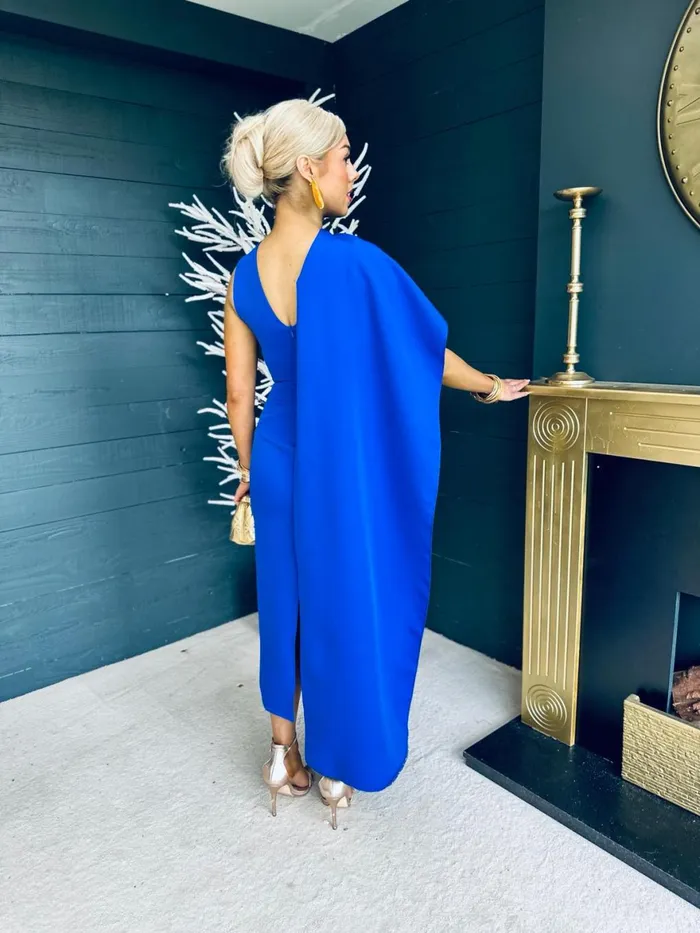 Women Maxi Canella Lane Hudson Cape Detail Occasion Dress Cobalt