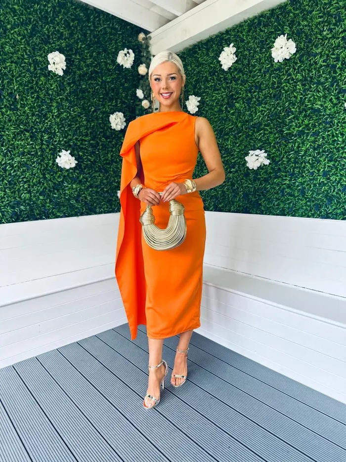 Women Maxi Canella Lane Hudson Cape Detail Occasion Dress Orange
