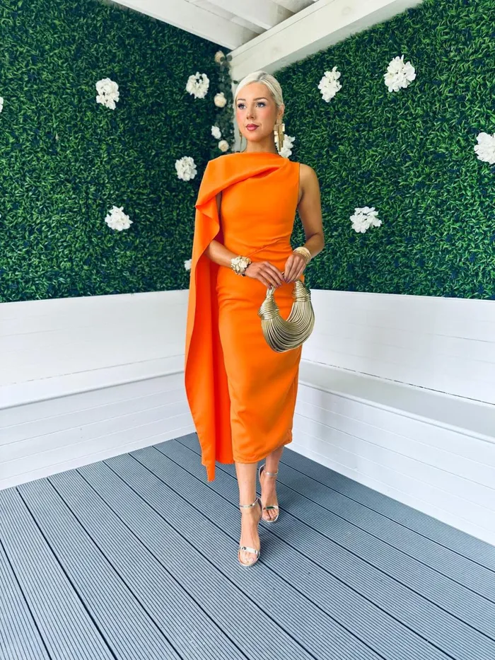 Women Maxi Canella Lane Hudson Cape Detail Occasion Dress Orange
