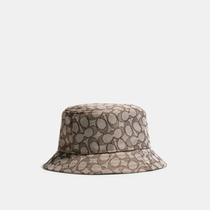 WomenMen Signature Jacquard Bucket Hat Sandstonedark Oak Coach Hats Scarves and Gloves
