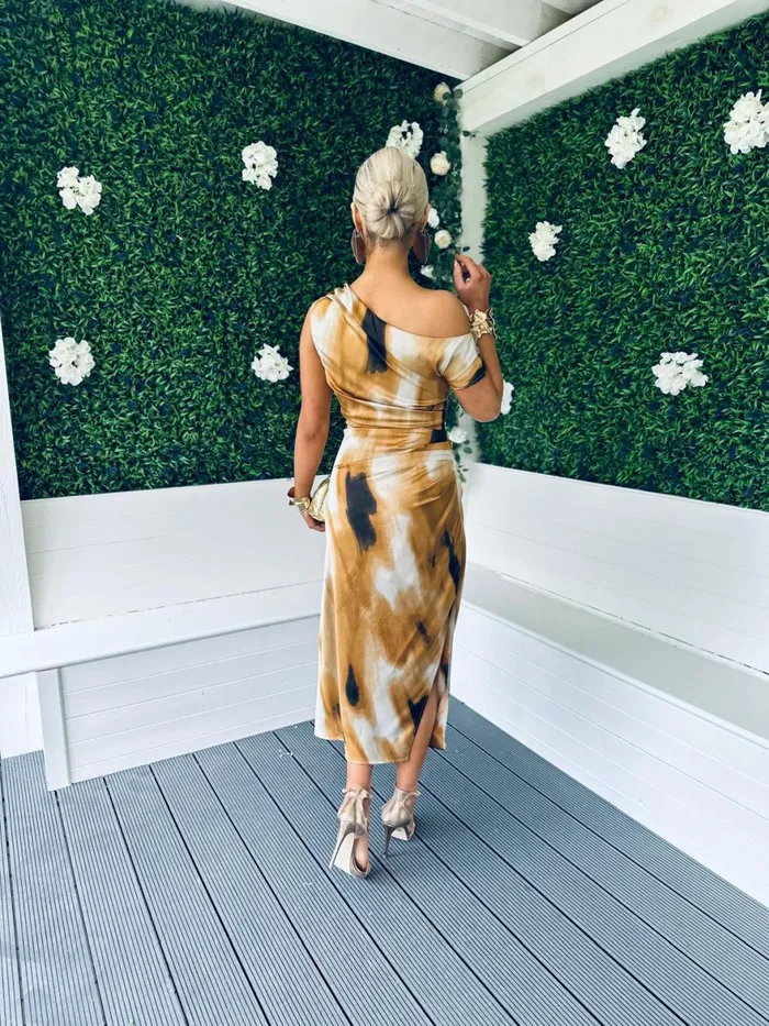 Women Midi Canella Lane Donna Asymmetric Neckline Midi Dress Gold