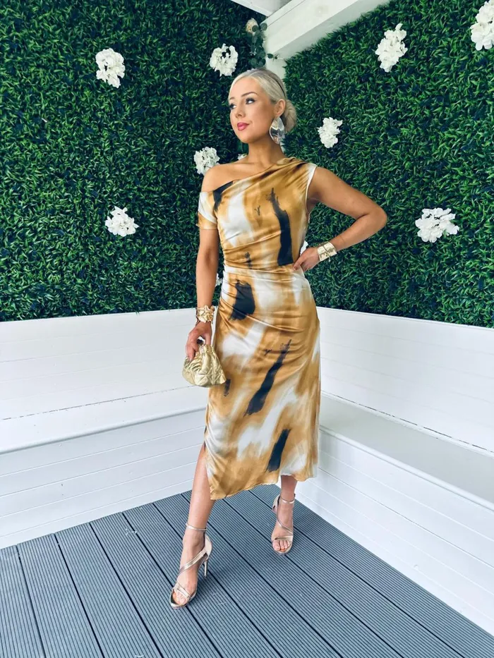 Women Midi Canella Lane Donna Asymmetric Neckline Midi Dress Gold