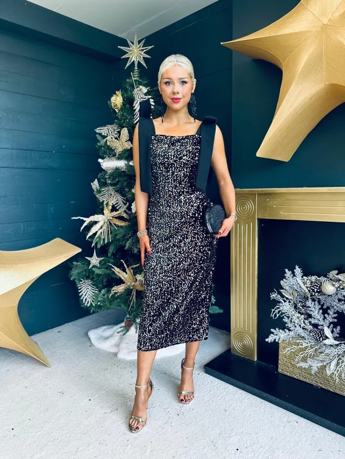 Women Midi Canella Lane Grace Bow Detail Sequin Midi Dress Gold
