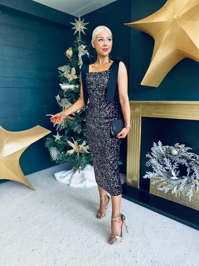 Women Midi Canella Lane Grace Bow Detail Sequin Midi Dress Gold