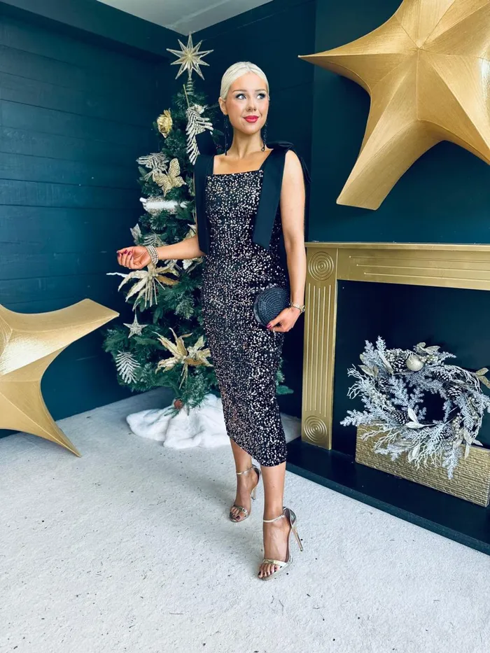 Women Midi Canella Lane Grace Bow Detail Sequin Midi Dress Gold