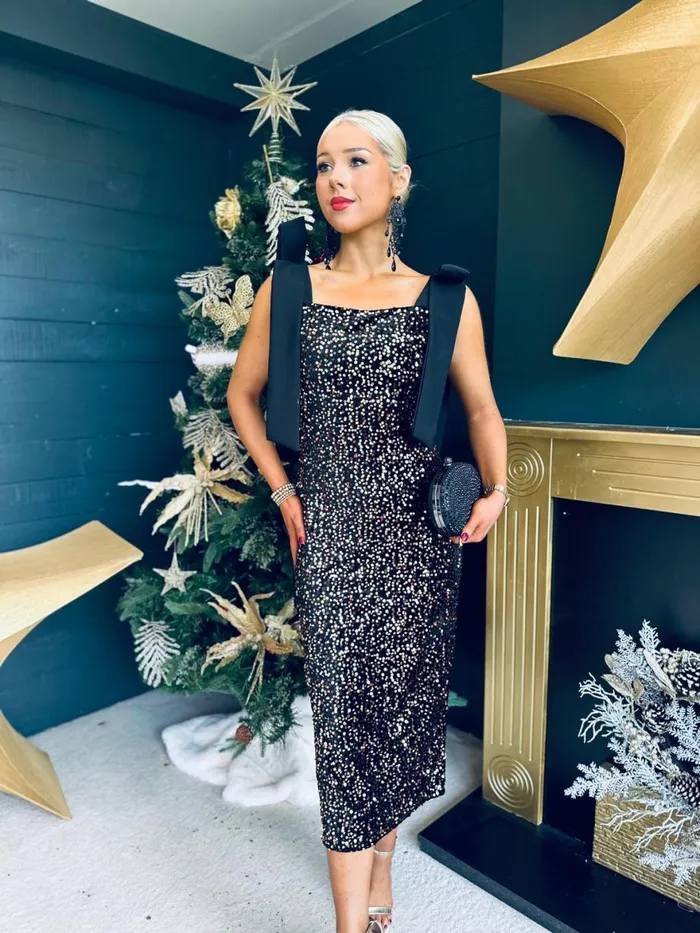 Women Midi Canella Lane Grace Bow Detail Sequin Midi Dress Gold