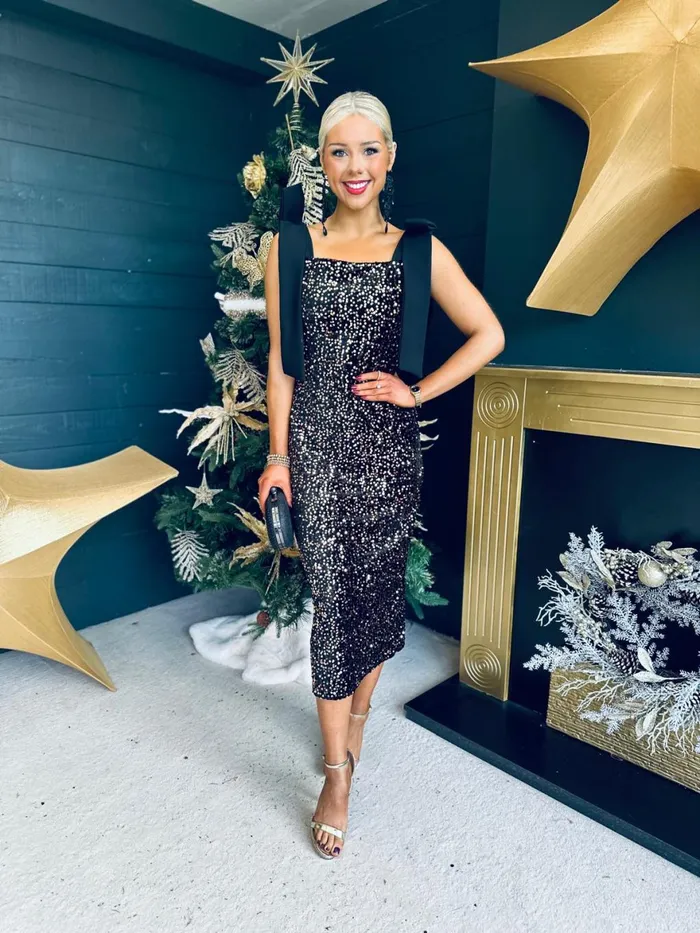 Women Midi Canella Lane Grace Bow Detail Sequin Midi Dress Gold