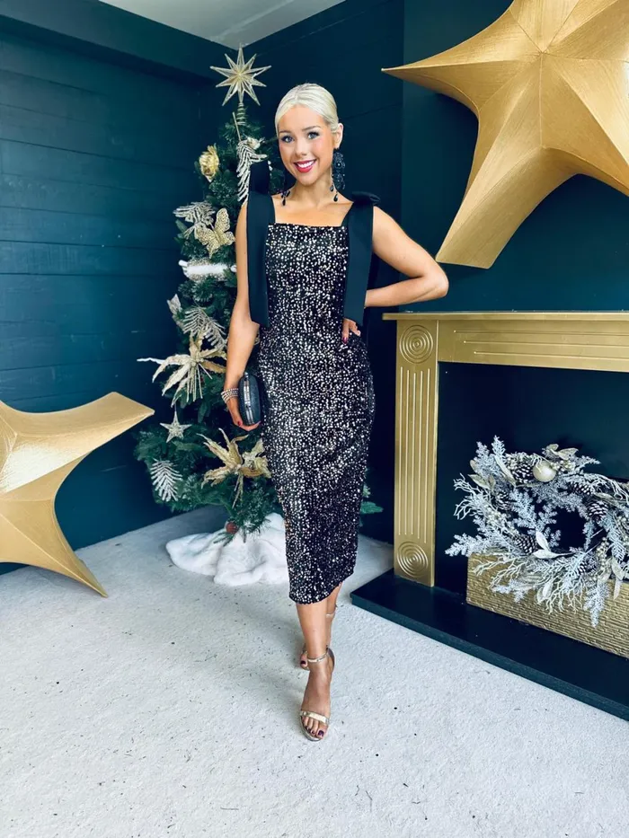 Women Midi Canella Lane Grace Bow Detail Sequin Midi Dress Gold