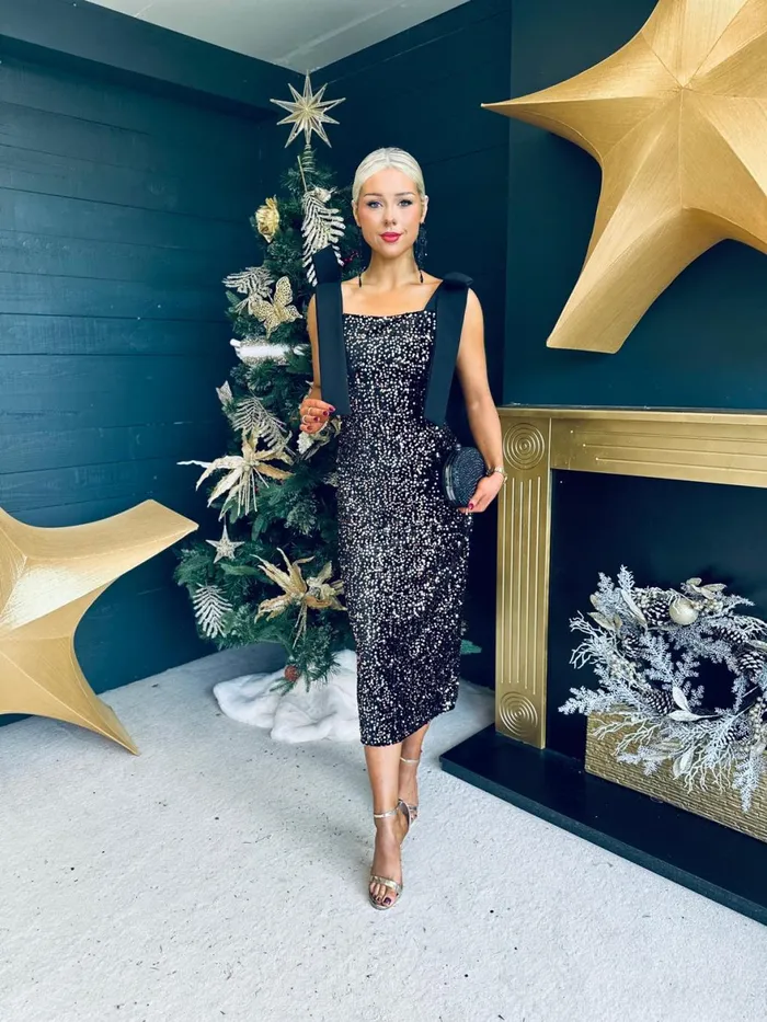 Women Midi Canella Lane Grace Bow Detail Sequin Midi Dress Gold