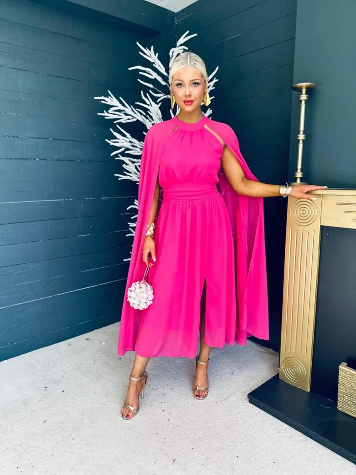 Women Midi Canella Lane Sorcha Cape Detail Occasion Dress Fuchsia