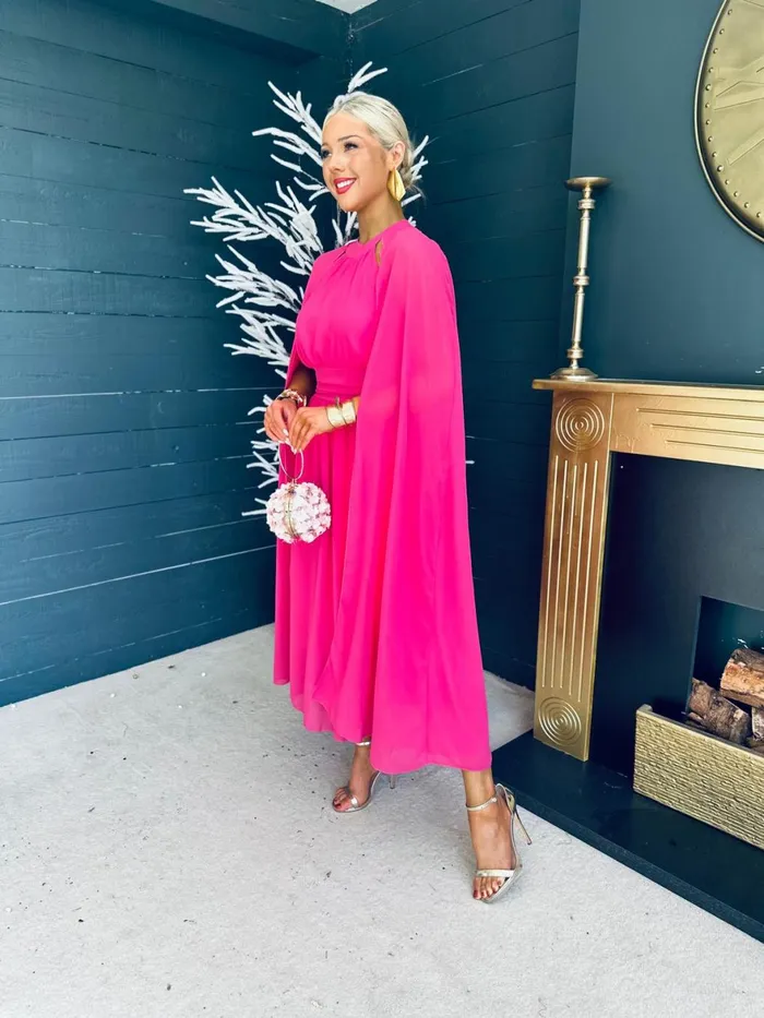 Women Midi Canella Lane Sorcha Cape Detail Occasion Dress Fuchsia