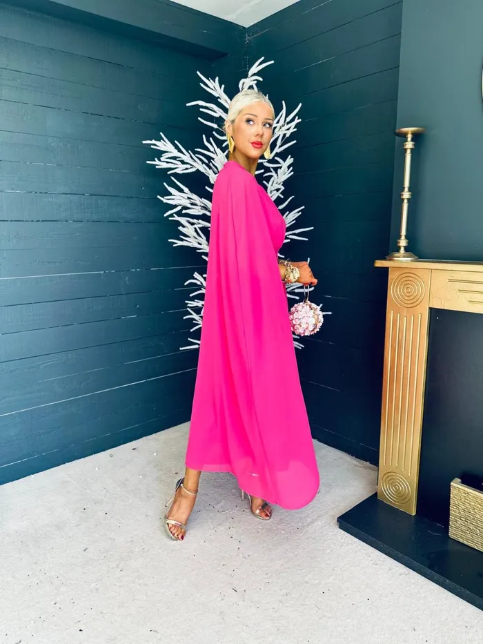 Women Midi Canella Lane Sorcha Cape Detail Occasion Dress Fuchsia