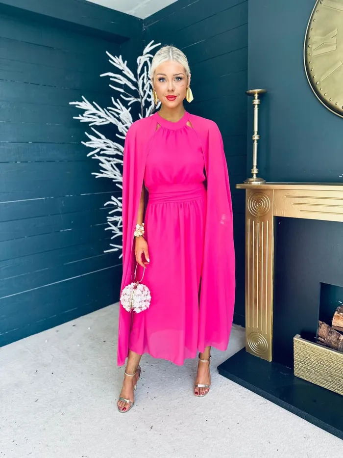 Women Midi Canella Lane Sorcha Cape Detail Occasion Dress Fuchsia