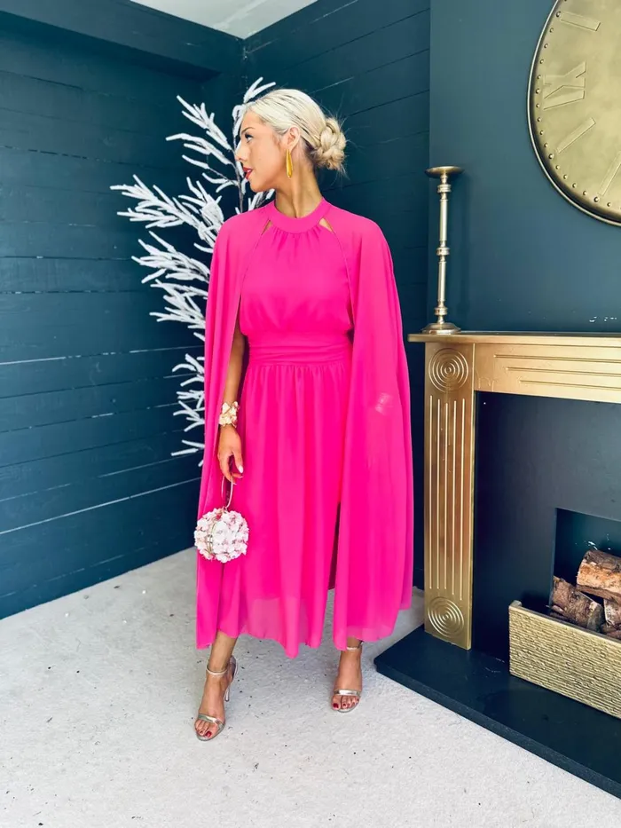 Women Midi Canella Lane Sorcha Cape Detail Occasion Dress Fuchsia