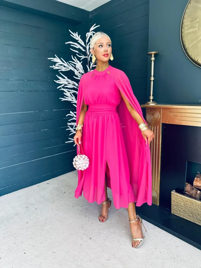 Women Midi Canella Lane Sorcha Cape Detail Occasion Dress Fuchsia