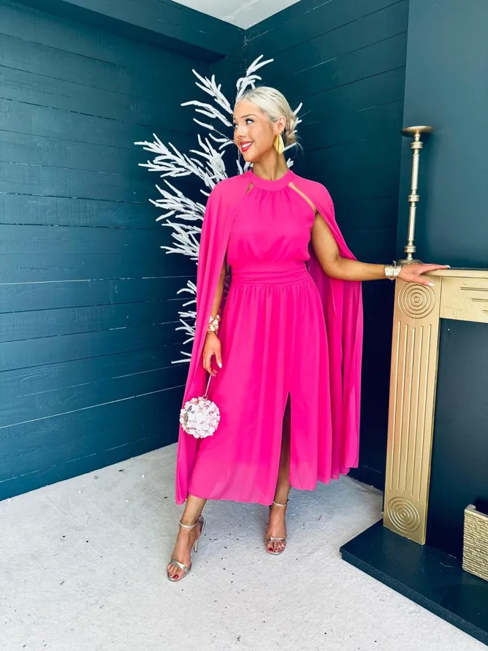 Women Midi Canella Lane Sorcha Cape Detail Occasion Dress Fuchsia