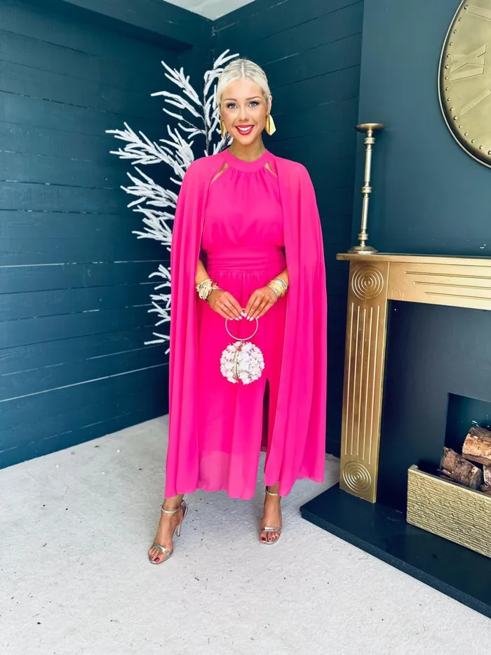 Women Midi Canella Lane Sorcha Cape Detail Occasion Dress Fuchsia
