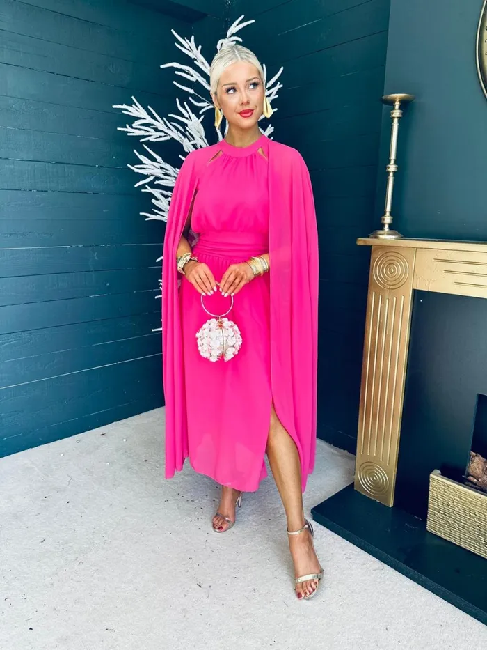 Women Midi Canella Lane Sorcha Cape Detail Occasion Dress Fuchsia