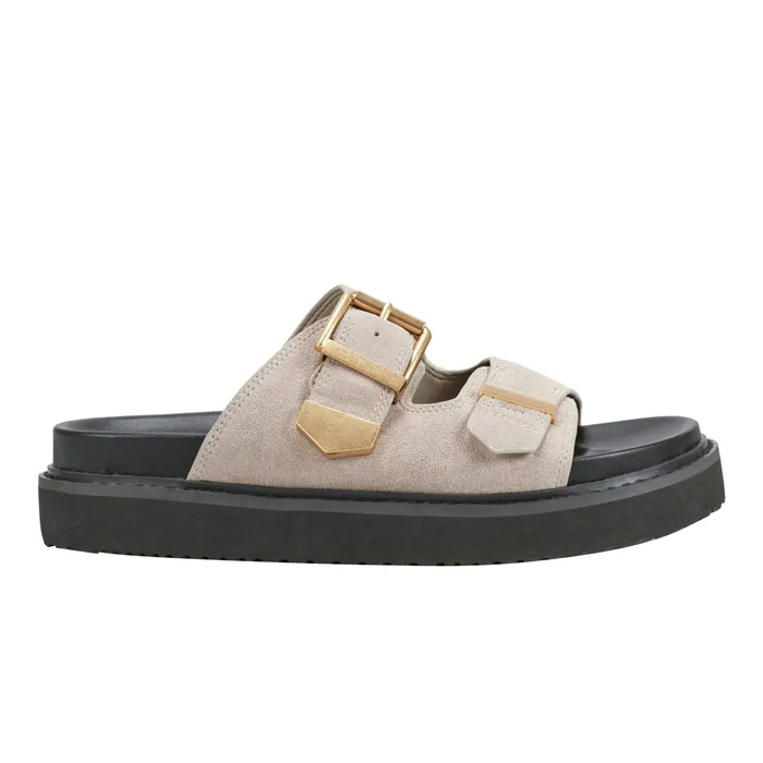 Women Mules and Slides Marc Fisher Amirra Buckle Slide Sandal Taupe Suede