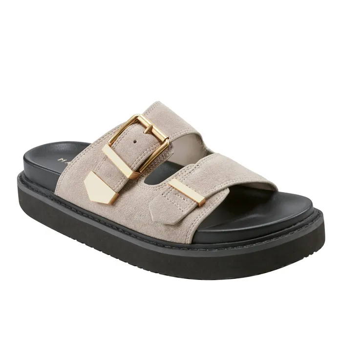 Women Mules and Slides Marc Fisher Amirra Buckle Slide Sandal Taupe Suede