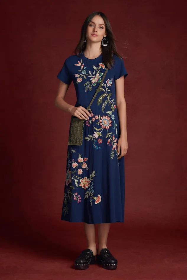 Women Petites Johnny Was CREW NECK SWING DRESS Blue Night