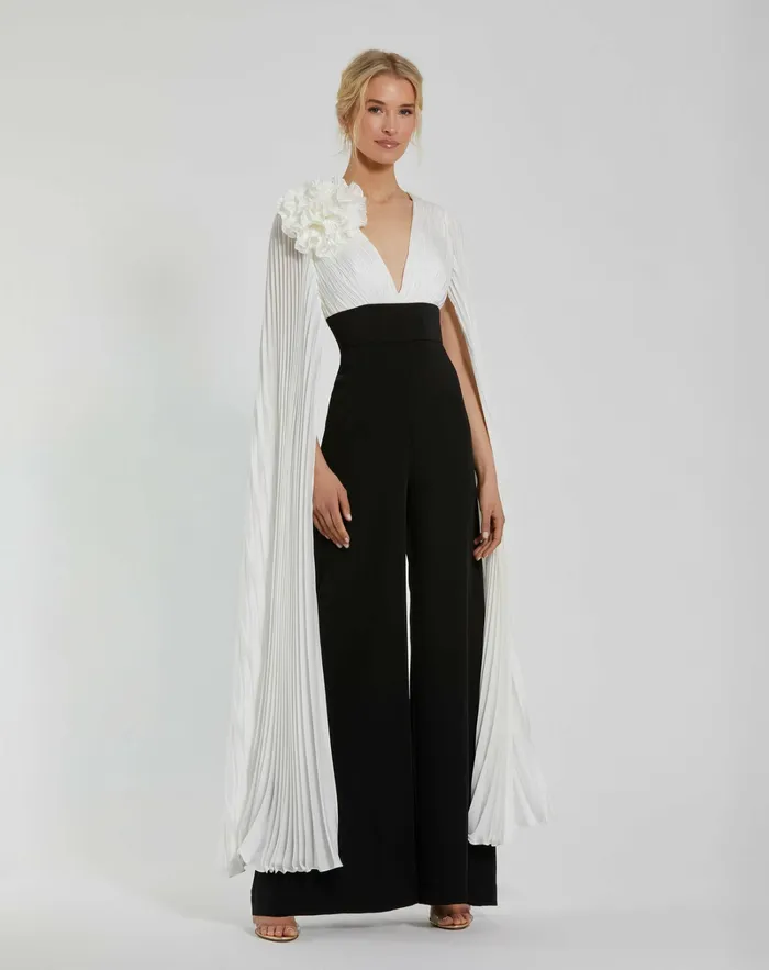 Women Pleated Charmeuse And Crepe Wide Leg Jumpsuit Black Ivory Jumpsuits and Rompers Mac Duggal