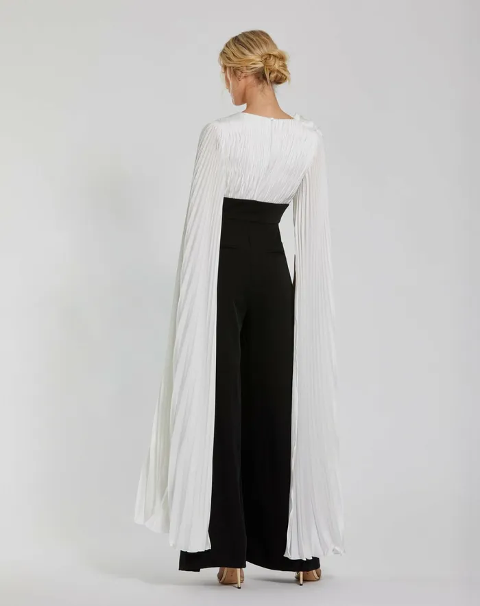 Women Pleated Charmeuse And Crepe Wide Leg Jumpsuit Black Ivory Jumpsuits and Rompers Mac Duggal