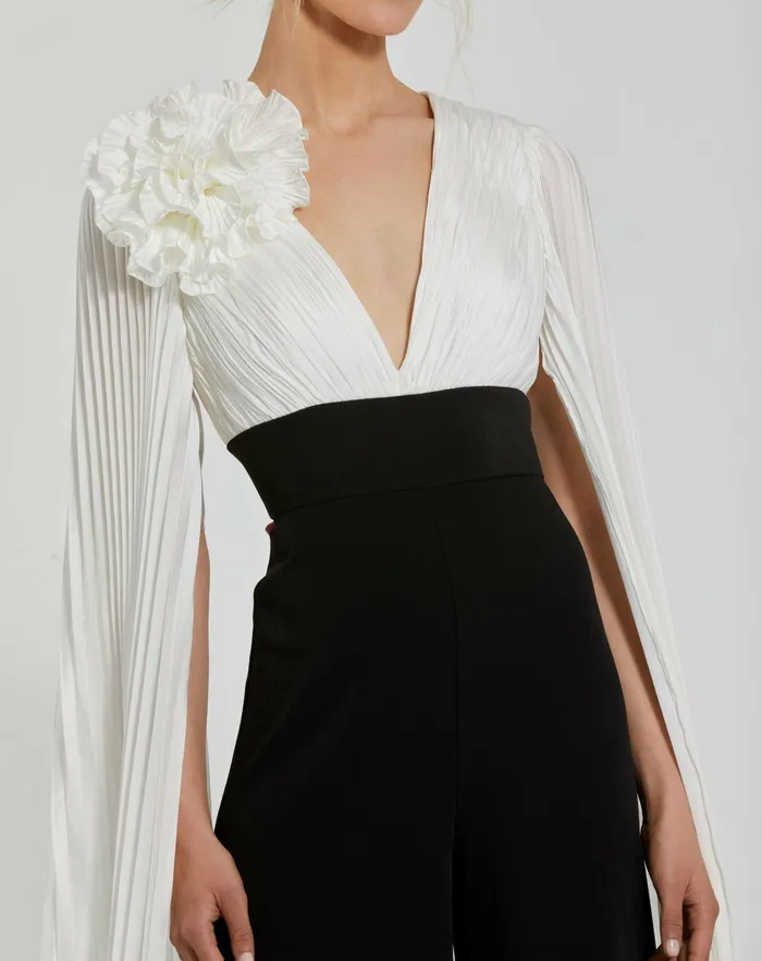 Women Pleated Charmeuse And Crepe Wide Leg Jumpsuit Black Ivory Jumpsuits and Rompers Mac Duggal