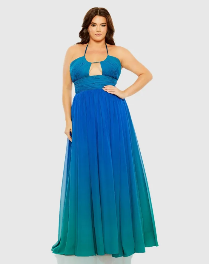 Women Plus Size Dresses Mac Duggal Halter Ruched Ombre Gown Plus Ocean Ombre